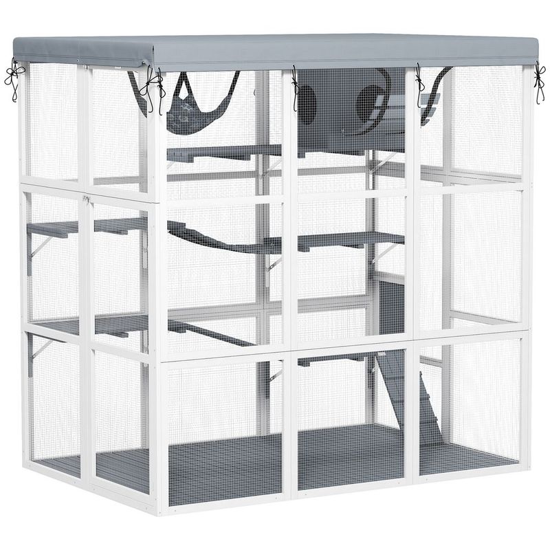 PawHut Large Outdoor Catio Cat Enclosure With Hammock, Condo, Jump Platforms, Ladders, Ramps, Tarp, For 2-4 Large Cats, Gray_voghion.com