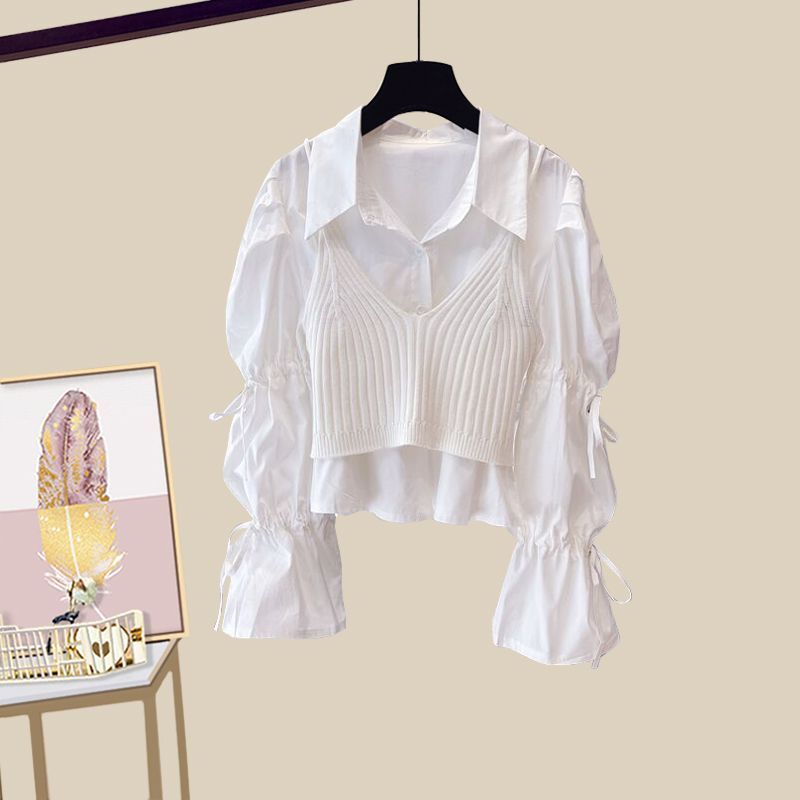 Women's Clothing Autumn temperament style suit for women new style slightly fat and thin shirt versatile suspender skirt three piece suit_voghion.com