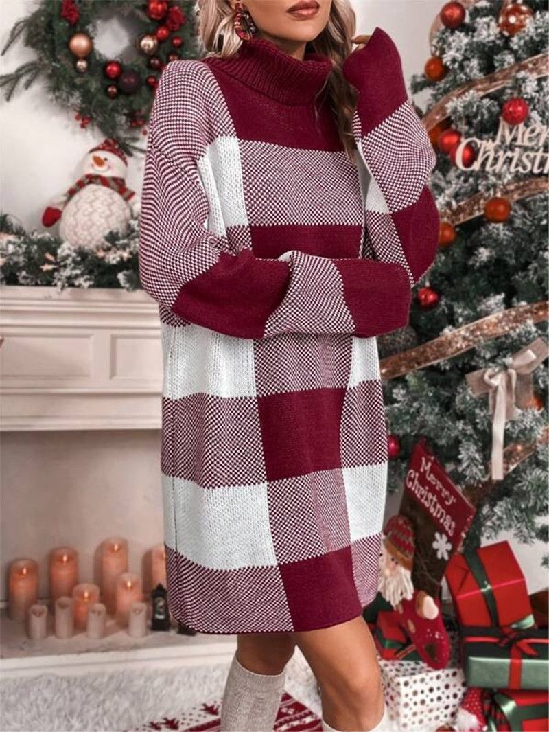 Robe pull ample à col roulé pour femmes, ample, amincissante, couleur à carreaux_voghion.com