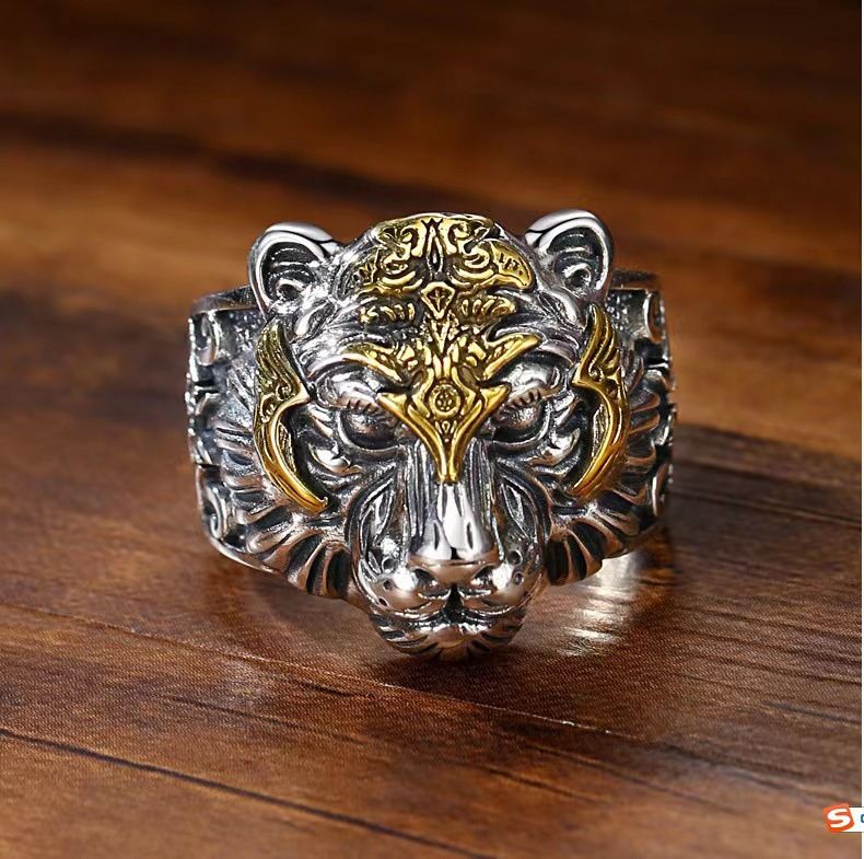 Vintage Thai Silver Bold Personality Head Ring For Men, Stylish Hip-Hop Trendy Tiger Men's Adjustable Ring, One Piece_voghion.com