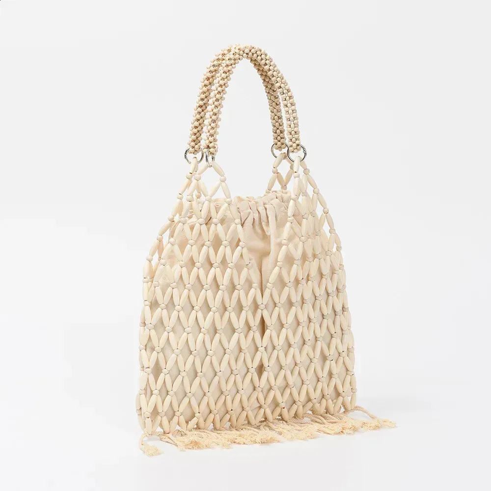 Summer Braided Bead Purse Handbags Solid Color Hollow-out Woven Tote Female Travel Fringe Beach Reticulate Netted Canvas_voghion.com
