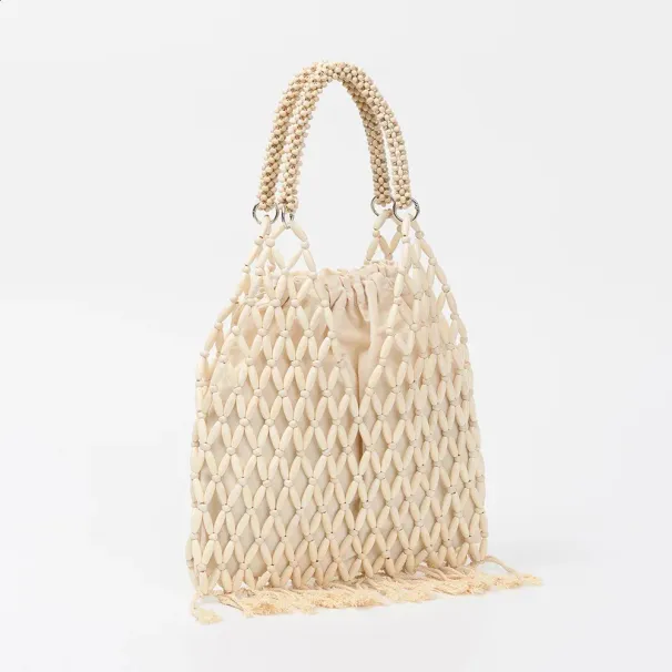 Summer Braided Bead Purse Handbags Solid Color Hollow-out Woven Tote Female Travel Fringe Beach Reticulate Netted Canvas_voghion.com