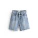 Women's Denim Bermuda Shorts - High Waist Distressed Hem Straight Leg Mid-Length Shorts Lightweight Washed Denim Capri Pants For Casual Wear_voghion.com