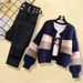 Autumn Women's Two-Piece Outfit - Color Block Knit Cardigan & High Waist Jeans, Tea-Inspired Casual Set (M-4XL)_voghion.com
