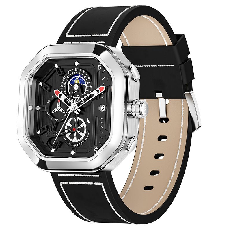 Stilvolle achteckige Quarzuhr für Herren mit Datumsfunktion, wasserdicht, Echtlederarmband, Mineralglas, sportliches Design_voghion.com