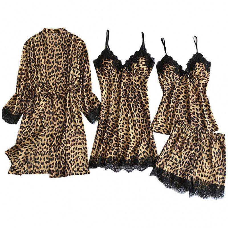 Simulation Silk Black Leopard Print Loungewear Pajama Set Fashionable Lace Lace Pajama Set_voghion.com