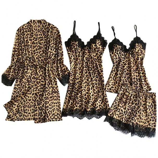 Simulation Silk Black Leopard Print Loungewear Pajama Set Fashionable Lace Lace Pajama Set_voghion.com