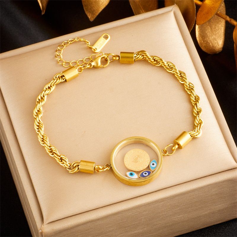 Fashion retro creative personality round brand portrait eyes twist chain gold-plated titanium steel bracelet_voghion.com
