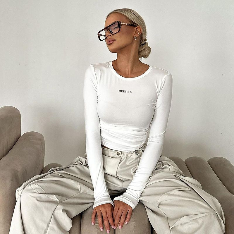 Fashion Women's Autumn New Item Solid Color Round Neck Long Sleeved Letter Printed Tight Fitting Inner Bottom Shirt Top_voghion.com