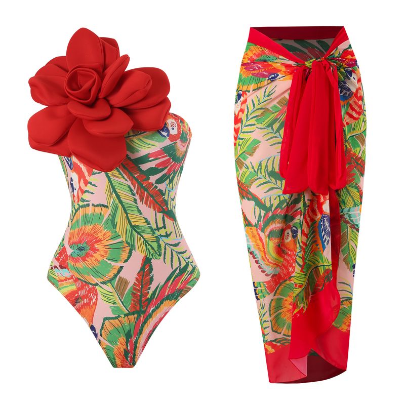 Maillot de bain une pièce pour femme, moulant, slim, grande fleur, jupe longue en mousseline de soie_voghion.com