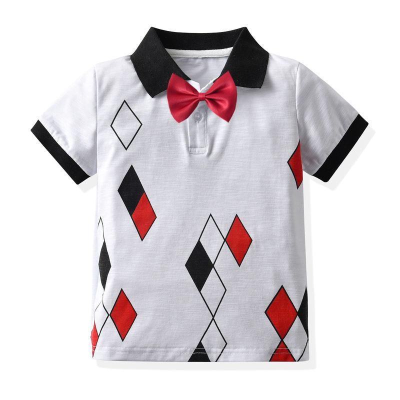 Børnetøj 2024 drenge hvide kortærmede revers afslappede toppe sommer børn baby diamantprint T-shirt børnetøj_voghion.com