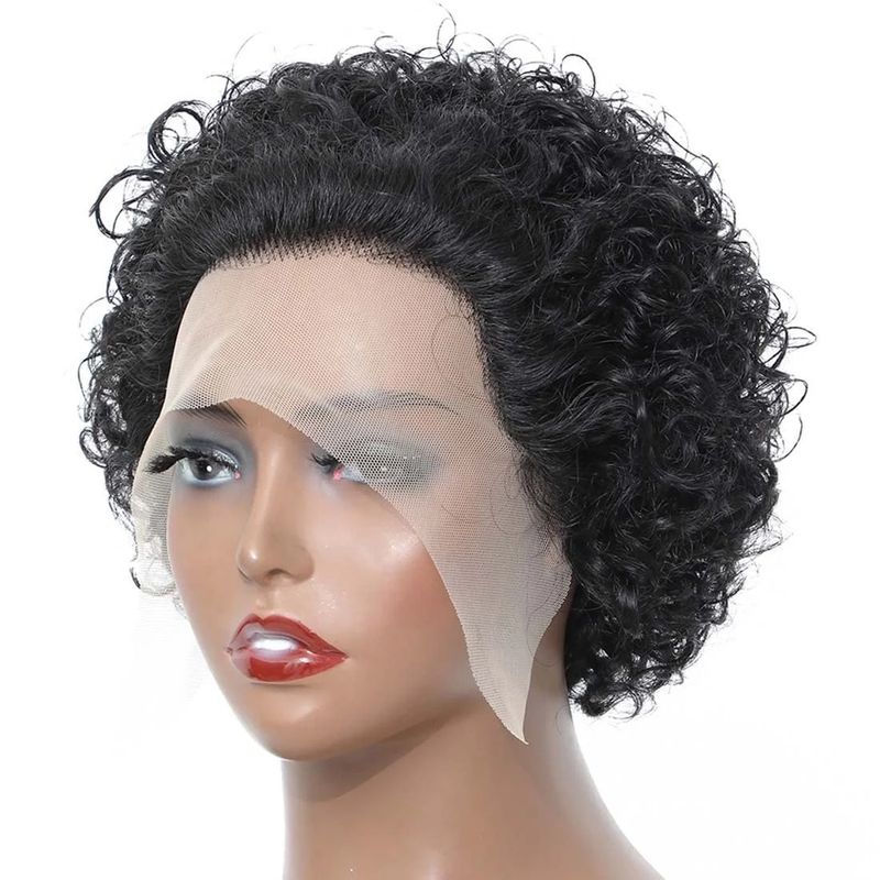 Echthaarperücke Elfe 13*1 Frontspitze kleine lockige kurze Kopfbedeckung Pixie Locken Perücke_voghion.com