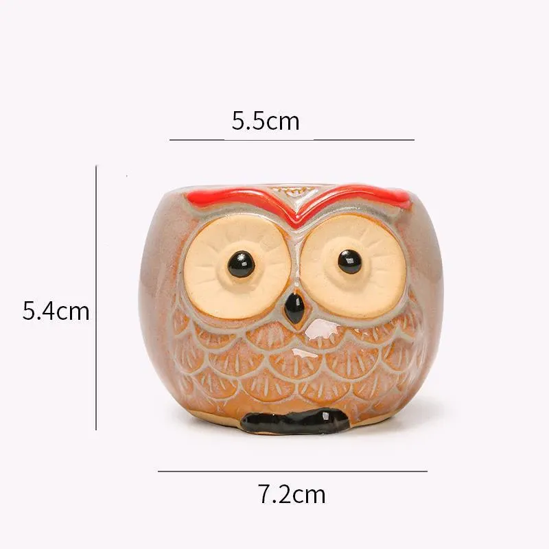 Maceta de cerámica con forma de búho de 8 cm - Mini maceta para cactus, hecha a mano, con orificio de drenaje, regalo_voghion.com