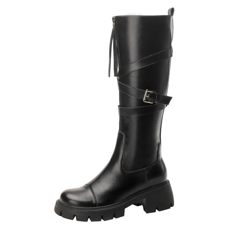 Zapatos de mujer Botas largas nuevas estilo Maillard para mujer estilo otoño e invierno Botas de caballero de suela gruesa con boca plana y tubo alto de celebridad de Internet_voghion.com