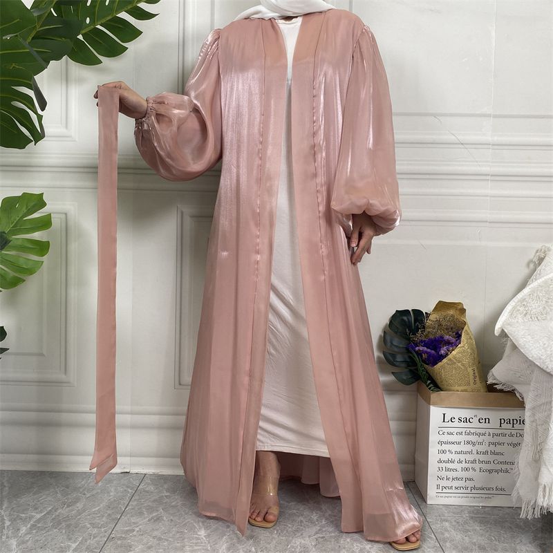 Cardigan foderato con maniche a lanterna elastiche in seta lucida e tinta unita, nuovo stile da donna_voghion.com