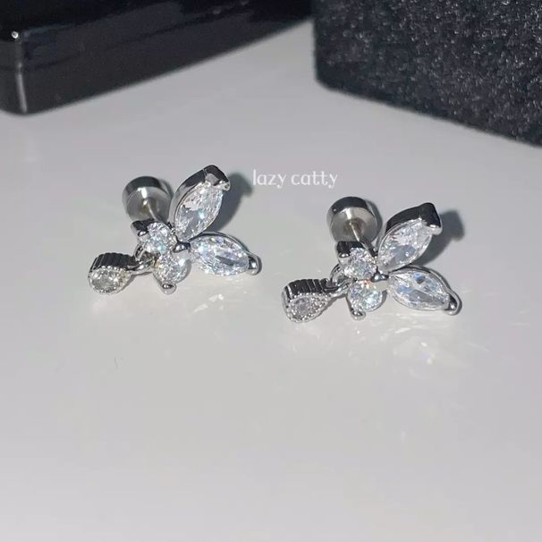 Lazy Catty Super Sparkling 5A Zircone Farfalla Goccia Ciondolo Orecchino Osso Perno Acciaio Titanio Fondo Piatto Vite Twist_voghion.com