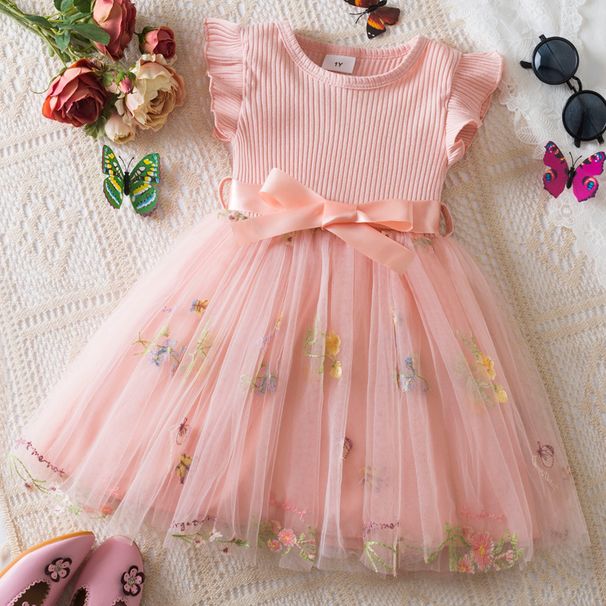 Kinderkleidung Frühling und Sommer Neues Mädchenkleid mit fliegenden Ärmeln, Blumenstickerei, Netzstoff, Prinzessinnenkleid für Mädchen_voghion.com