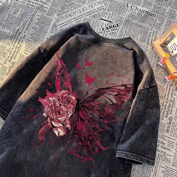 Koszulka American Print Versatile Street Couple Denim Butterfly Gradient Distressed Short Sleeved Washed T-shirt_voghion.com