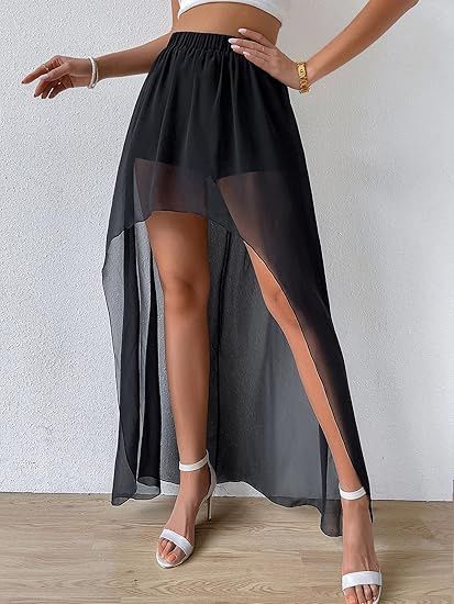 Jupe mi-longue fendue en maille transparente sexy à taille élastique pour femme Verve_voghion.com