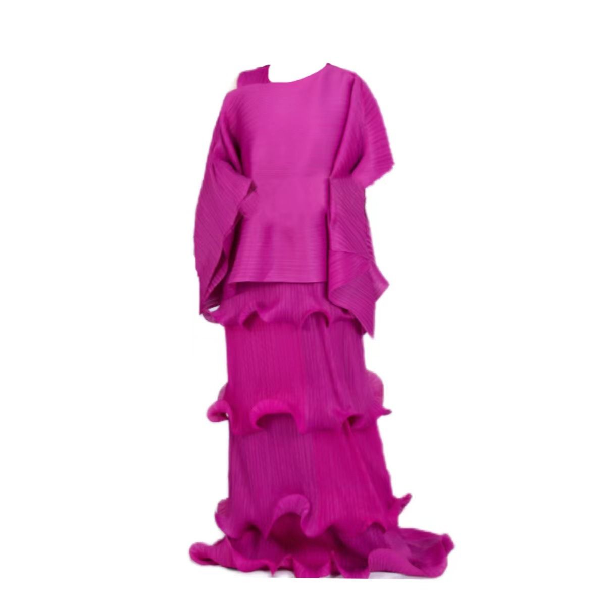 Γυναικεία Ρούχα Miyaki πλισέ φόρεμα με στρογγυλή λαιμόκοψη, ζώνη και ζώνη, δύο τεμαχίων ελαστικό, φαρδιά γυναικεία ρούχα Miyaki_voghion.com