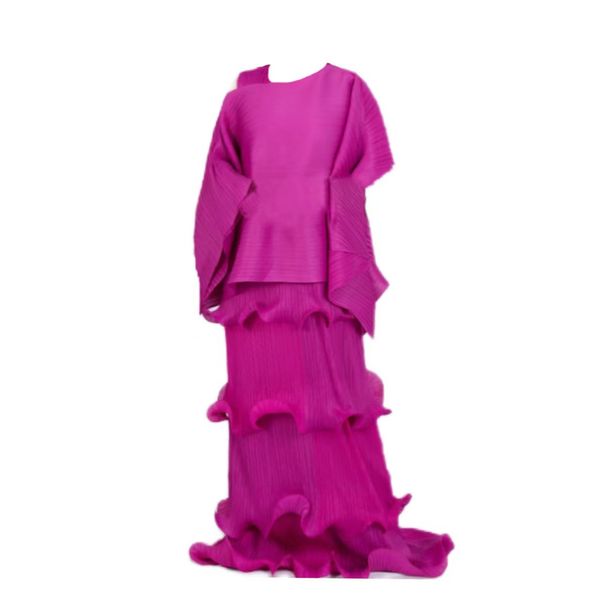 Γυναικεία Ρούχα Miyaki πλισέ φόρεμα με στρογγυλή λαιμόκοψη, ζώνη και ζώνη, δύο τεμαχίων ελαστικό, φαρδιά γυναικεία ρούχα Miyaki_voghion.com