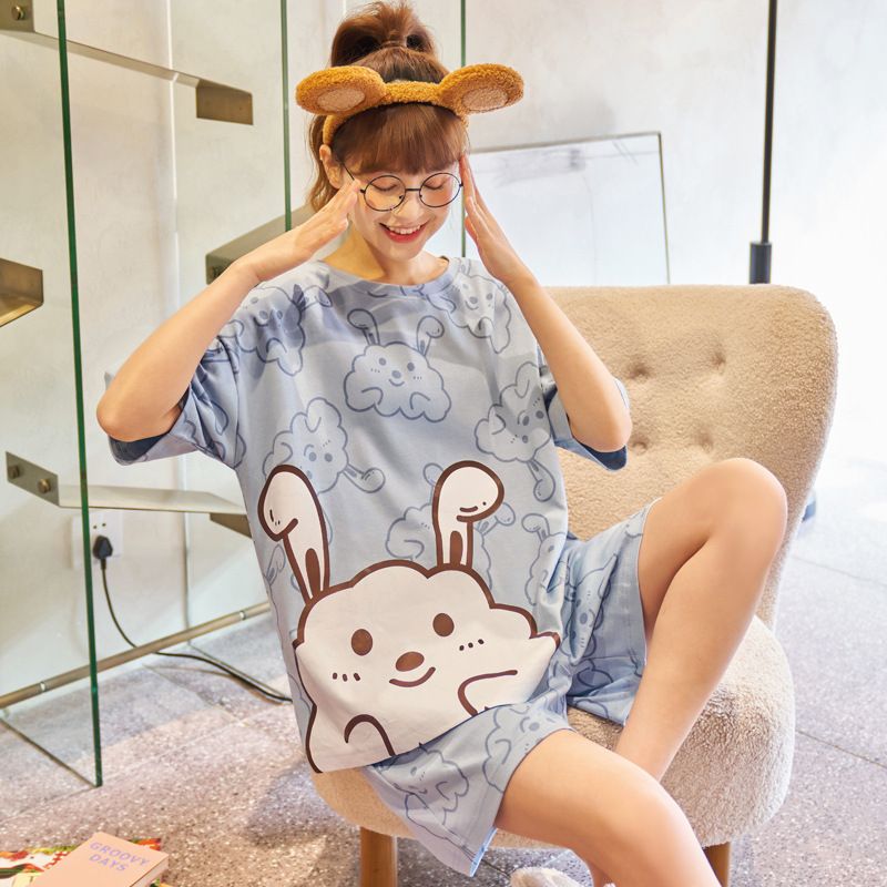 Pajama summer thin Korean version new short sleeved shorts round neck women's home clothes cotton cute cartoon set_voghion.com