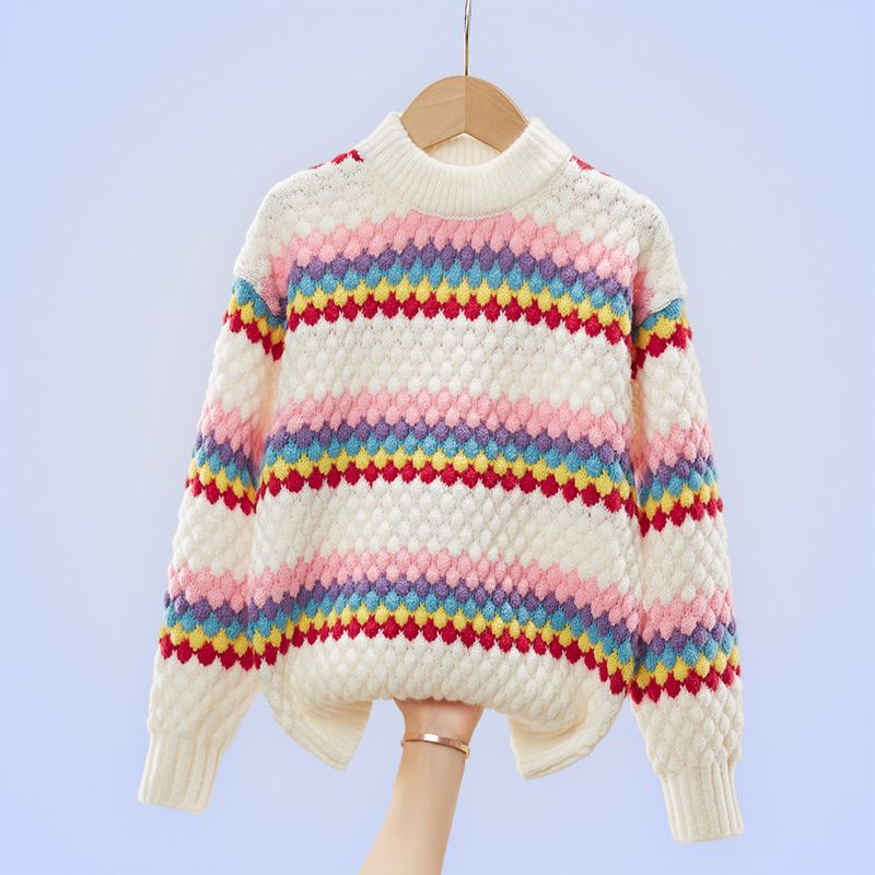 Pulover pentru fete, pulover cu dungi colorate, pulover de iarnă, îngroșat, haine groase mari pentru copii, haine calde_voghion.com