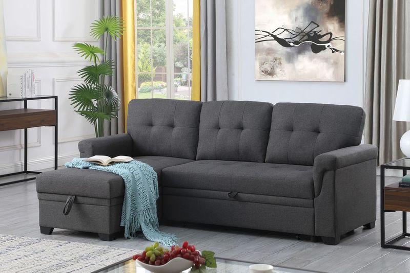 Lucca 84' Dark Gray Linen Reversible Sleeper Sectional Sofa With Storage Chaise_voghion.com