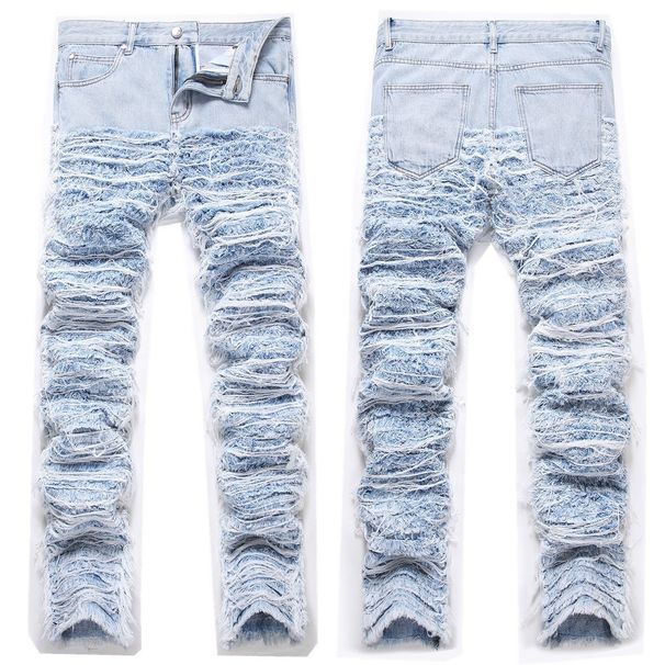 Connector – Trendy, strapazierfähige, gestapelte Hose mit Quastenstickerei, zerrissenen Fransen und lockerem Saum – Jeans für Herren_voghion.com