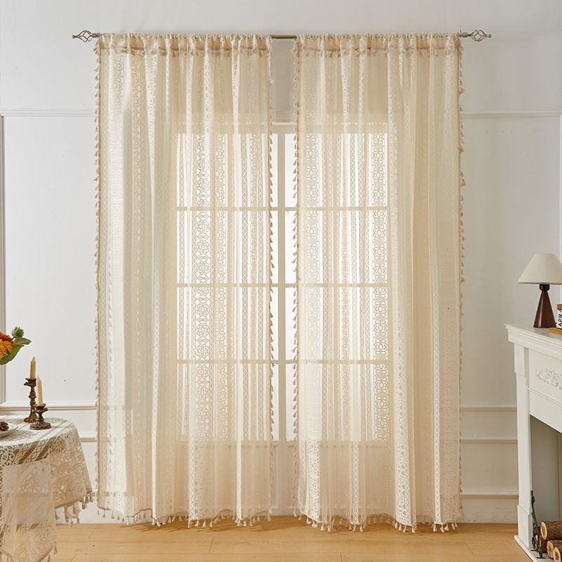 Retro Rod Cotton And Linen Curtain Tassel Beige Crochet Light Transmitting Rural Literary Living Room Balcony Floating Curtain_voghion.com