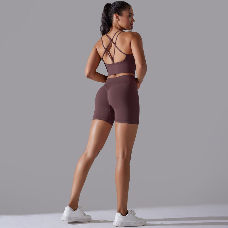 Completo da due pezzi per donna, in maglia senza cuciture, tinta unita, elastico alto, aderente, per yoga e corsa Fiess_voghion.com