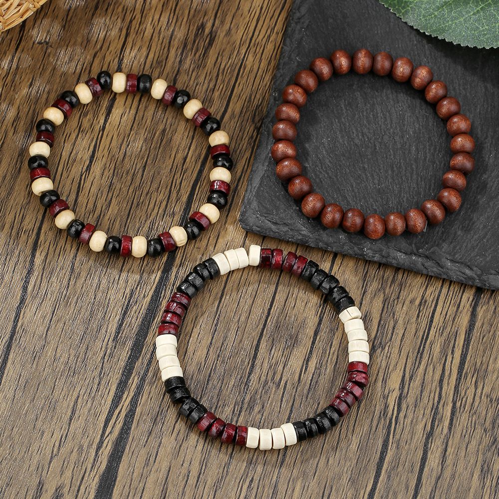 Hip Hop Retro Natural Wood Beads Map Stone Beaded Elastic Bracelet Versatile Simple Stacking Men's Holiday Style Bracelet_voghion.com