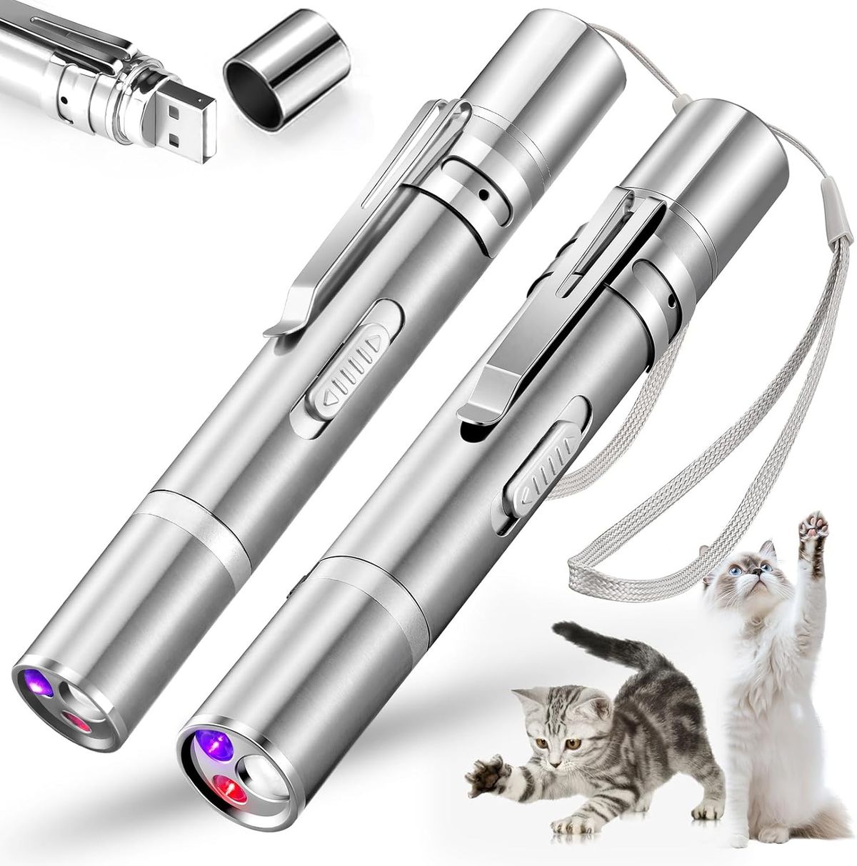 Lot de 2 jouets pointeurs pour chat, pointeur lumineux à LED rouge pour l'intérieur, jouets interactifs pour animaux de compagnie rechargeables par USB, 3 couleurs de lumière, entraînement interactif pour la chasse_voghion.com