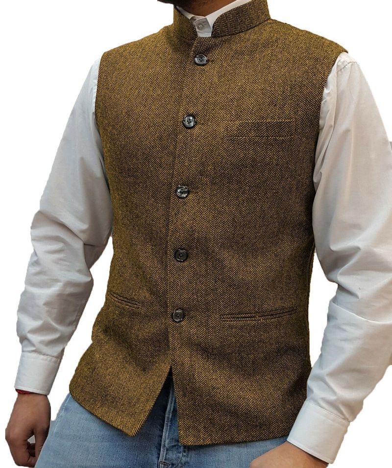 Men's waistcoat brown mid-neck herringbone waistcoat vest_voghion.com
