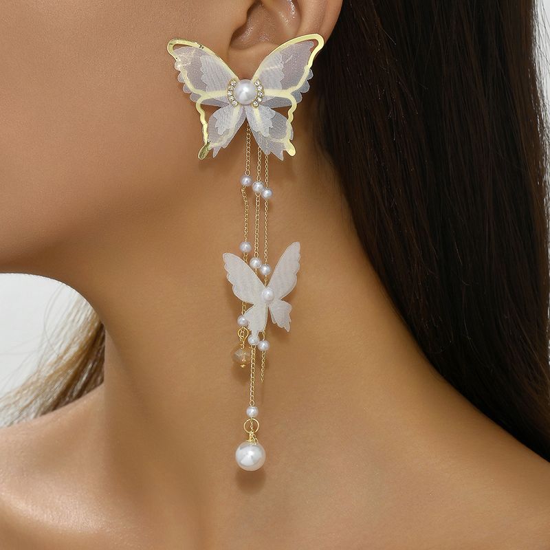 Korean Lace Inlaid Diamond Pearl For Girls Super Fairy Butterfly Tassel Stud Internet Celebrity Elegant Earrings_voghion.com