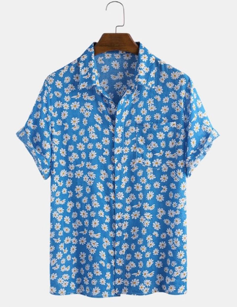 Kleines Gänseblümchen-Kurzarm-Blumenhemd für Herren. Sommer-Kurzarmhemd für Herren, lässiges Modemuster-Hemd_voghion.com