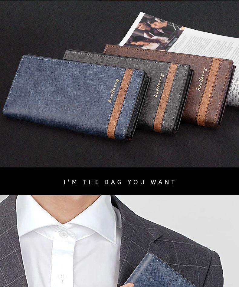Baellerry Men's Long Wallet, Business Style With Multiple Card Slots, Two-Fold Design, Receipt Zipper Pocket._voghion.com