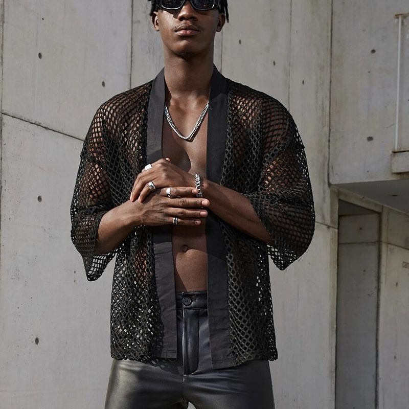 Hohle T-Shirts für Herren, Mesh-Cardigan-Schals für Herren, modische Performance-Kleidung, Tops und Hemden für Herren_voghion.com