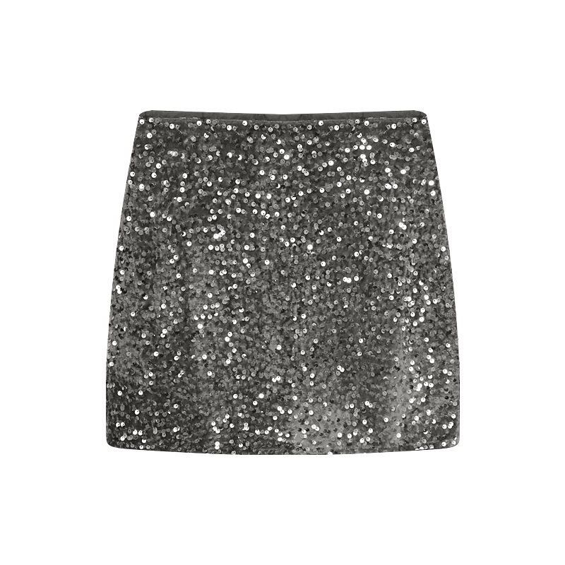 Gonna corta a trapezio con vita alta e paillettes elasticizzata attillata estiva da donna, modello midi grigio sexy di Verve Trendy_voghion.com