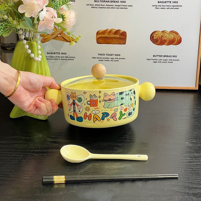 Ins Style High Beauty Round Handle Ceramic Instant Noodle Bowl With Cover For Student Dormitory Soup Bowl Luosifen Bowl_voghion.com