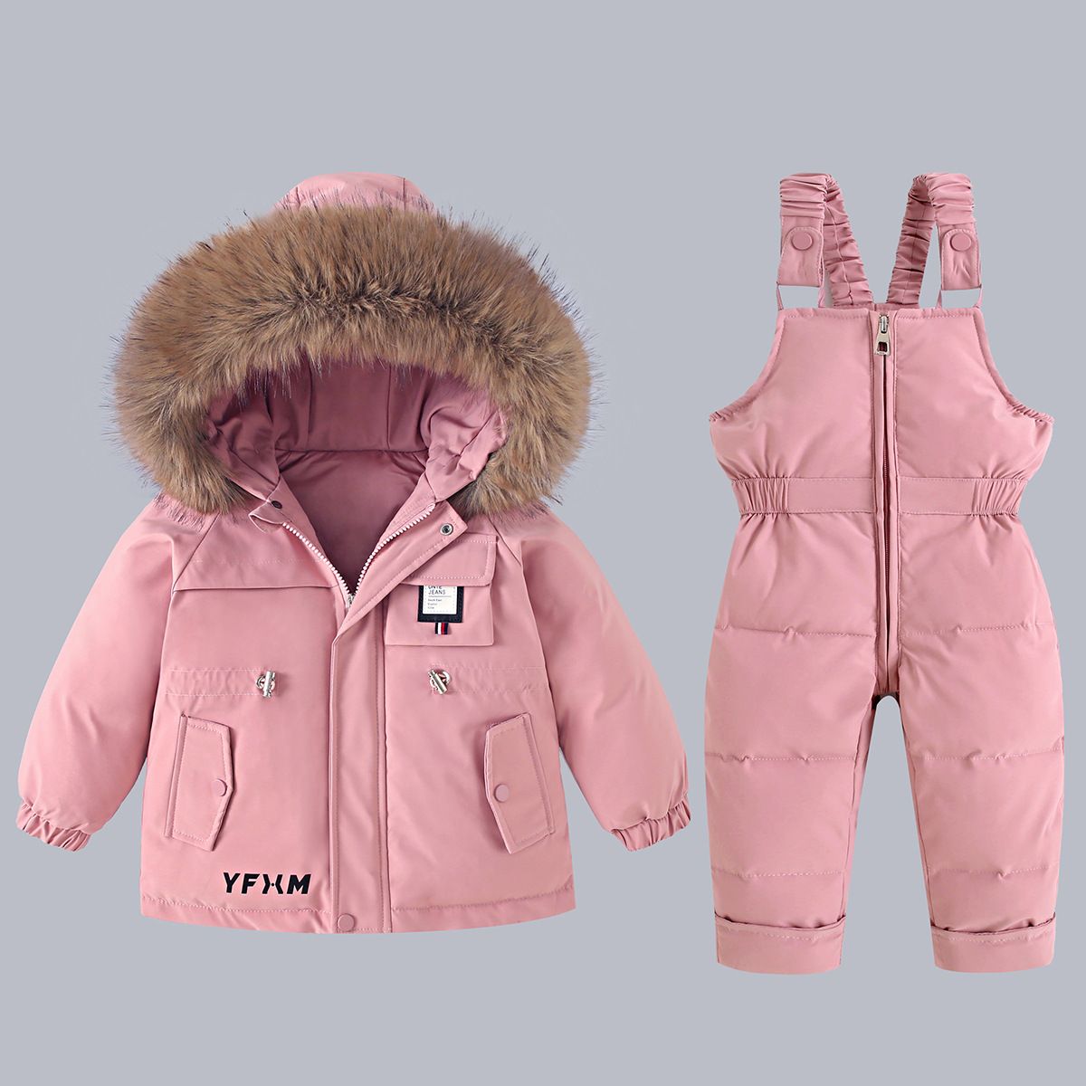 Warm Winter Snowsuit For Toddlers - Insulated Waterproof Ski Outfit With Hood, Two-Piece Set For Girls (80-120cm, Black/Red/Blue/Pink/Beige)_voghion.com