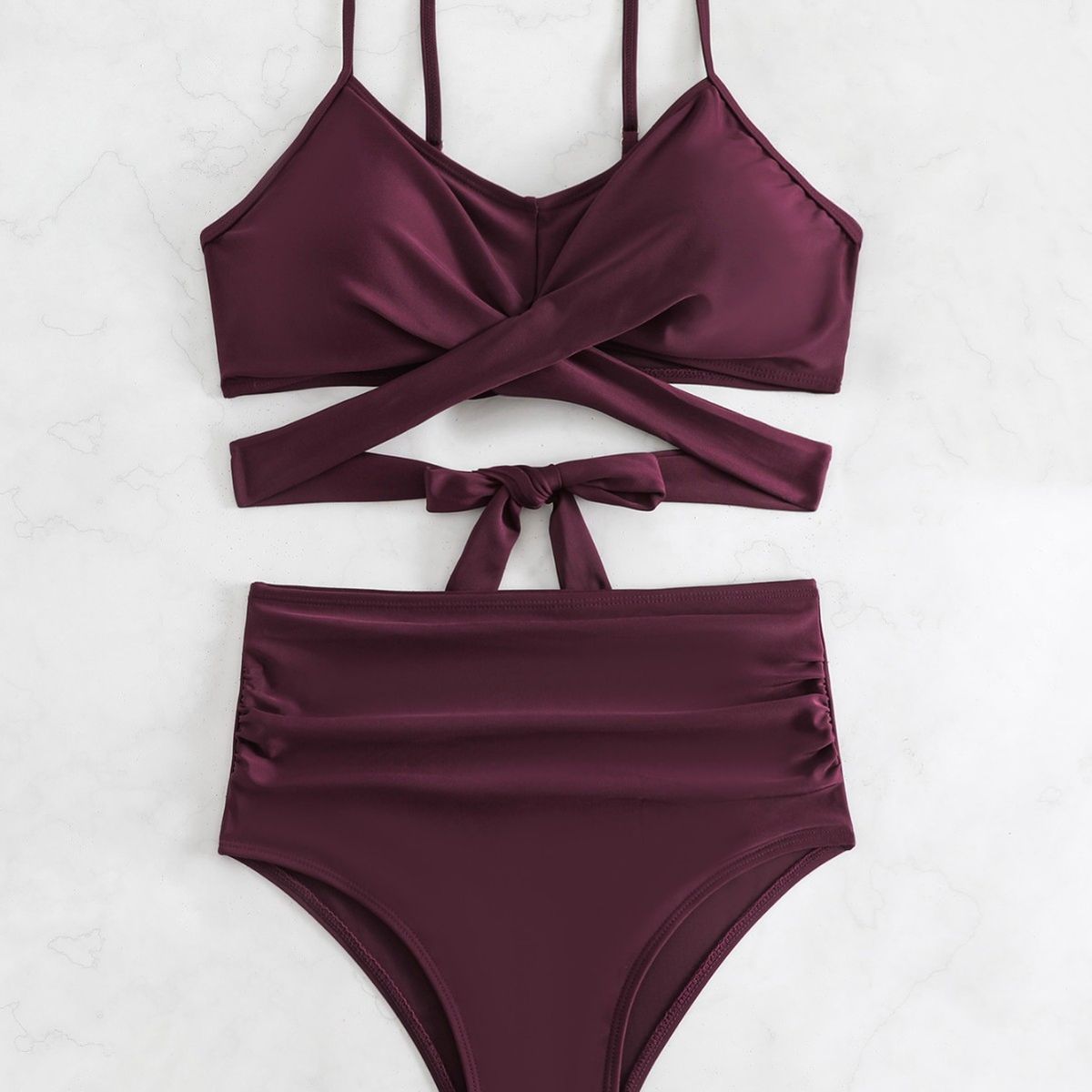 2025 New Bikini Women's Two-Piece Solid Color High-Waisted Swimsuit YQ0506_voghion.com