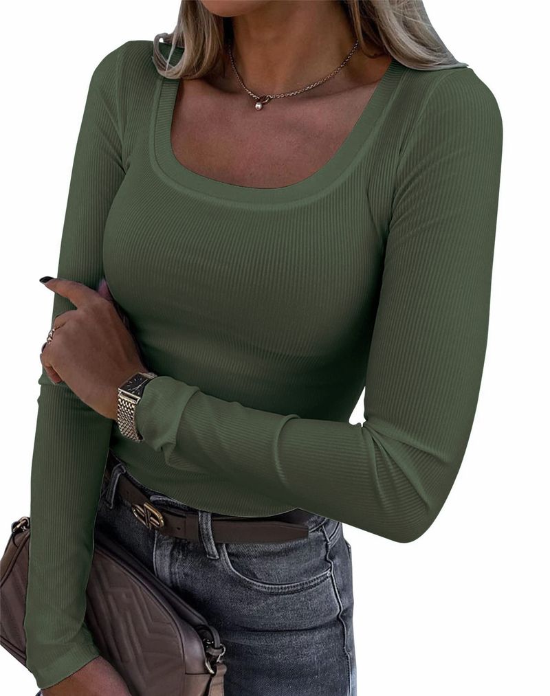 Women's Clothing Long Sleeved Slim Elastic Round Neck Ribbed T Shirt Casual Basic Tops_voghion.com
