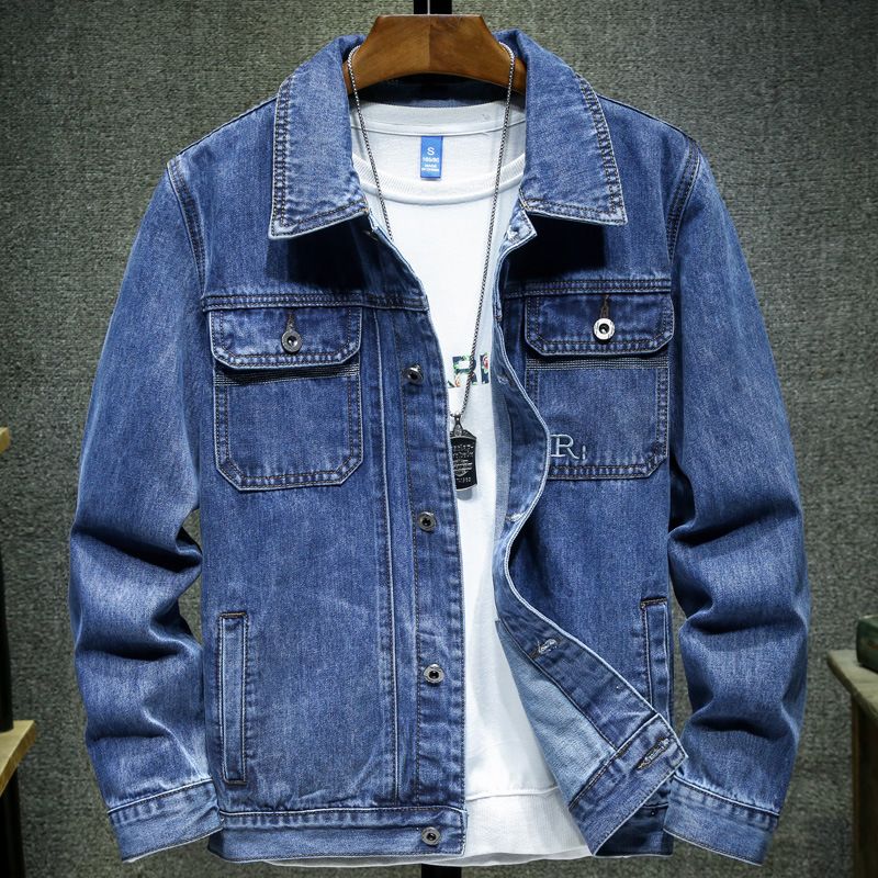 Giacca di jeans ampia da uomo Giacca da lavoro casual blu da uomo in stile coreano Giacca versatile e alla moda di grandi dimensioni_voghion.com