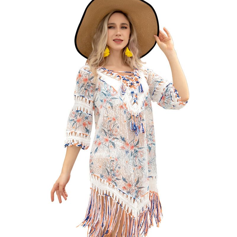 Häkeln Fransen Damen Strand Sonnenschutz Shirt Wasser Spielen Badeanzug Cover-Up Kleid_voghion.com