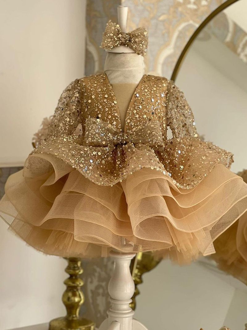 Children's Dress Sequins 2025 New Long Sleeved Girls Puffy Gauze Skirt Piano Catwalk Performance Costume Cross Border Wholesale_voghion.com