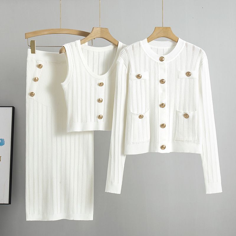 Damen-Strickanzug, Strickjacke, Pullover + Weste + Strickrock, dreiteiliges Set_voghion.com
