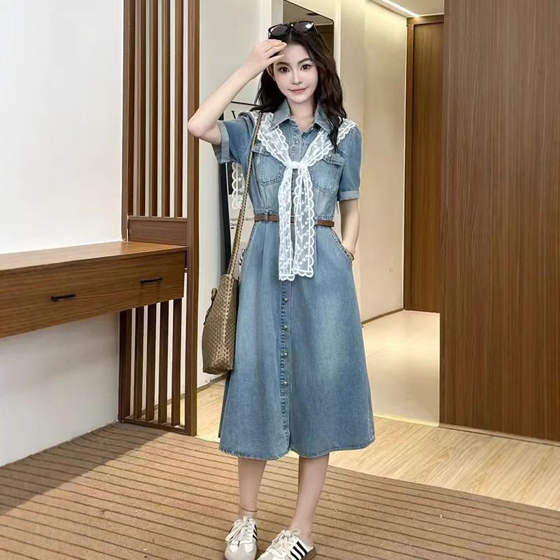 2025 New Cinched Denim Dress With Women's Lace Design Sense, Summer Short Height High Waist A-Line Long Skirt, Trendy_voghion.com