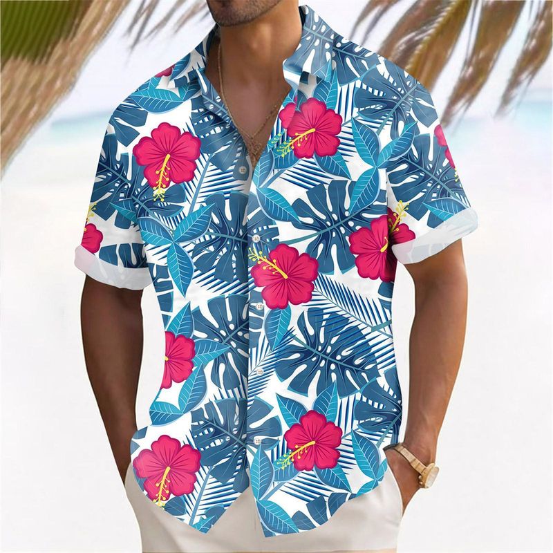 Hawaii-Strandhemden für Herren mit Pflanzendruck, Sommer, lässig, kurzärmelig, Revershemden, Urlaubshemden für Herren, große Herrenbekleidung_voghion.com