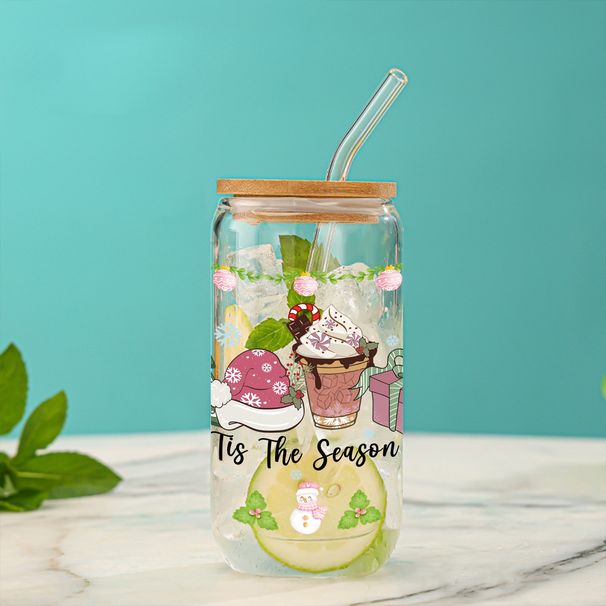 16oz Modern Minimalist Christmas Glass Tumbler With Bamboo Lid & Straw – Eco-Friendly (480ml, Matte Frosted Finish, Cartoon Print, 2-Piece Set)_voghion.com